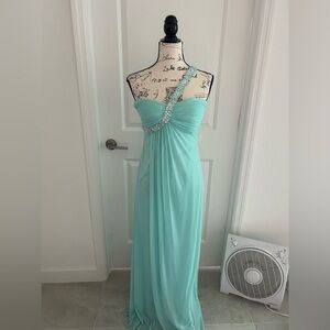 Cache One-Shoulder Aqua Dress with Embellishments
